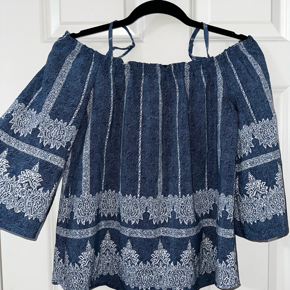 Mine Blue and White Off-Shoulder Blouse